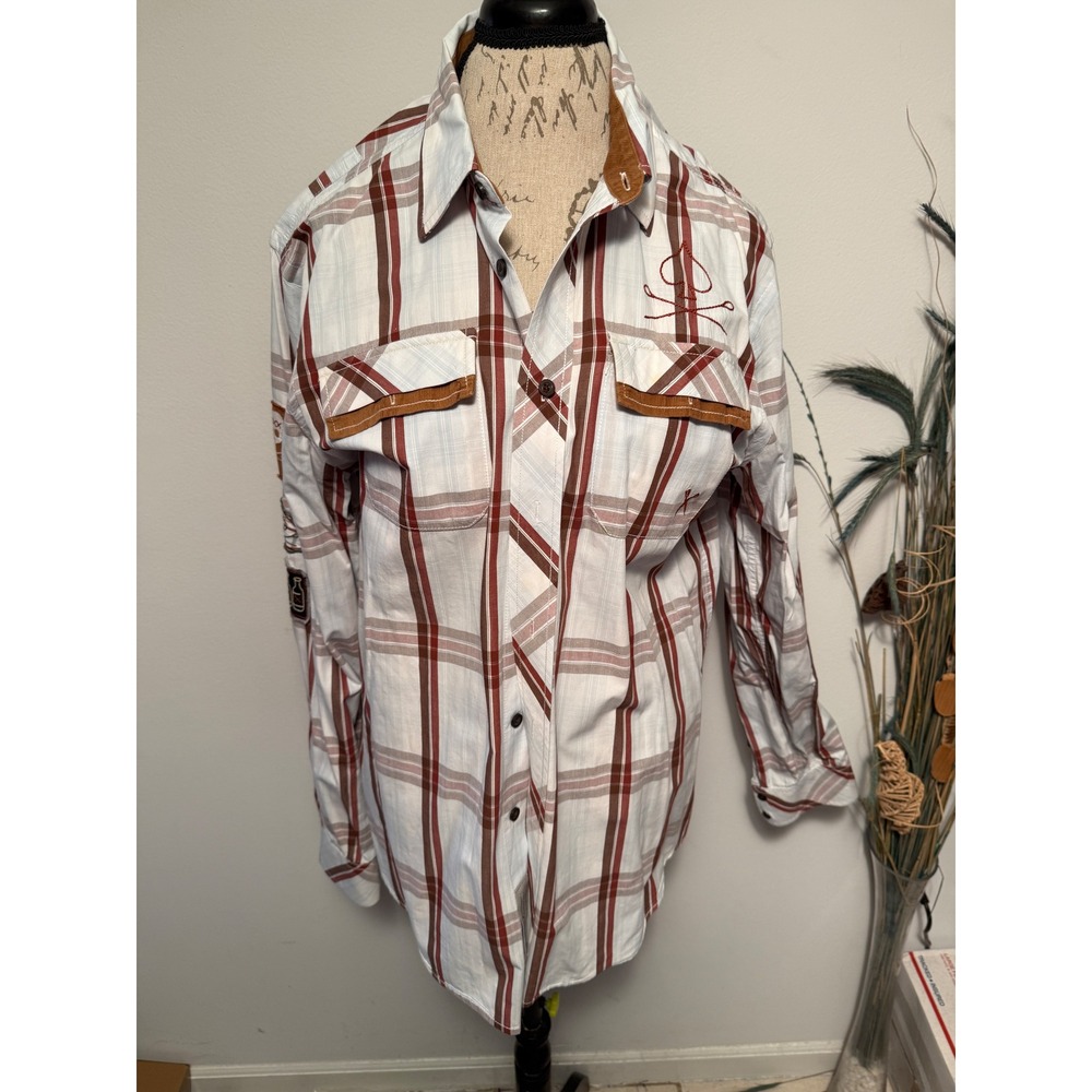 Marc Ecko Mens Plaid Long Sleeve Button Up Shirt Patches‎ Embroidery L